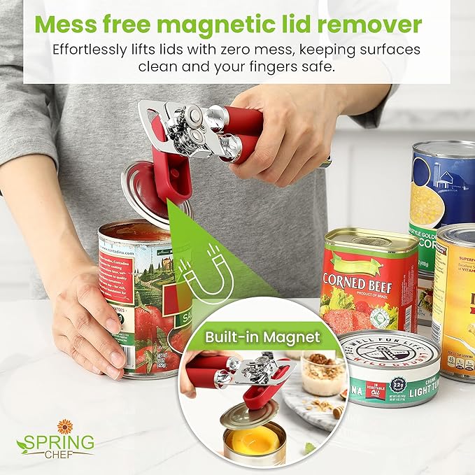 Spring Chef Stainless Steel Can Opener - Manual with Soft Grip Handles, Easy Turn, Heavy Duty Hand Can Opener for Seniors with Smooth Edge - Red - Image 6