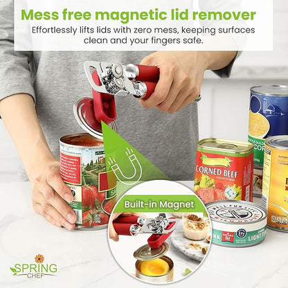 Spring Chef Stainless Steel Can Opener - Manual with Soft Grip Handles, Easy Turn, Heavy Duty Hand Can Opener for Seniors with Smooth Edge - Red - Image 6