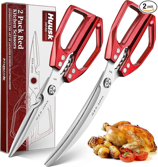 HUUSK Kitchen Scissors Set Red - Stainless Steel Kitchen Shears, Sharp Meat Scissors Dishwasher Safe, Heavy Duty Poultry Shears All Purpose, Japanese Cooking Scissor for Food,Christmas Gifts for Women by HuuskKnife