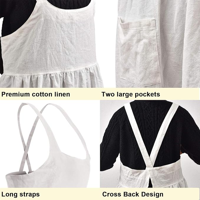 Uaussi Cotton Linen Apron Cross Back Work Apron for Women with Pockets Pinafore Dress X Cross Halter Apron for Chef Gardening - Image 2