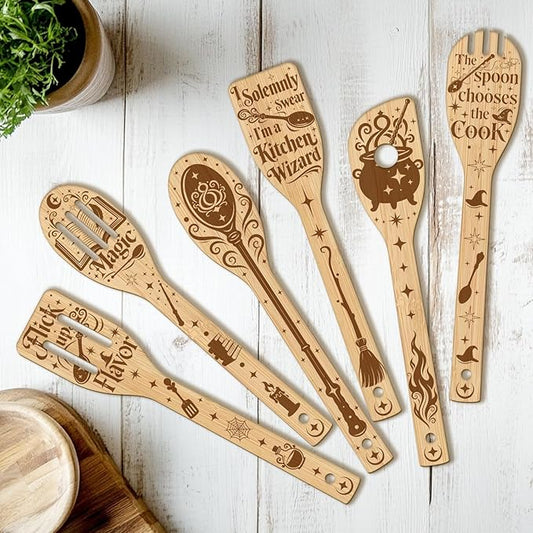 CUTHOLLOW 6PCS Magic Element Wooden Kitchen Cooking Utensil Set, 11.9in Non Toxic Bamboo Wood Spoon Set for Cooking, Best Housewarming Birthday Thanksgiving Christmas Gift for Women Mother
