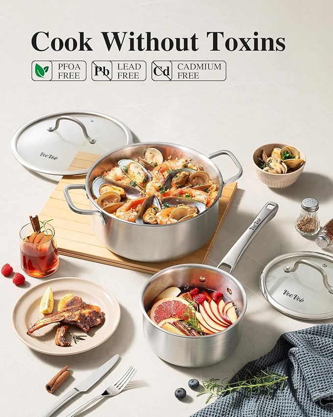 Stainless Steel Pans, Stainless Steel Cookware Set, 8/10/12 Inch with Lid, PFOA & PTFE Free Skillets, Non Toxic Chef's Pan Set, Frying Pans for Cooking, Oven & Dishwasher Safe, Induction Compatible - Image 7