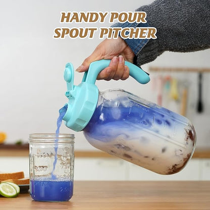 Soligt Glass Mason Jar Pitcher with Lid, Wide Mouth Flip Cap Pour Spout Leak-proof Lid with Handle, 64 oz (2 Quart / 1.9 Liter), for Iced Coffee/Sun Tea Juice/Cold Brew Coffee/Milk (1Pack, Baby Blue)