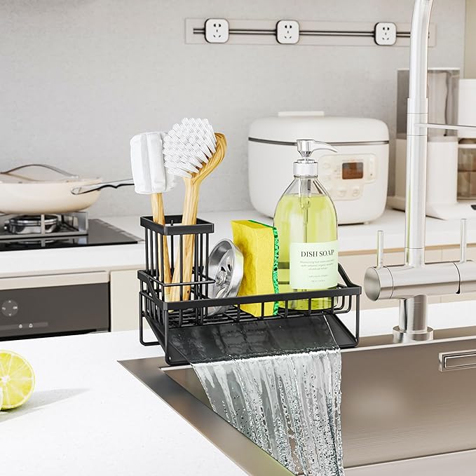SWTYMIKI Sink Caddy Sponge Holder - Kitchen Sink Organizer with Stainless Steel Self Drain Tray & High Brush Holder for Countertop to Hold Dish Soaps and Sponges, Stainless Steel, Black - Image 2
