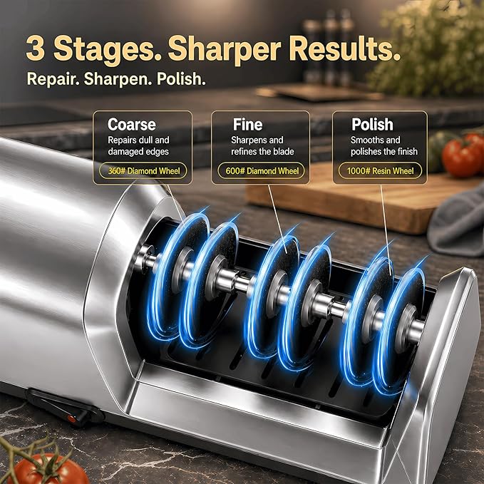 Electric Knife Sharpener for Kitchen, 3-Stage Professional Kitchen Knife Sharpener with 15° Precision Angle Guide, Fast & Portable Stainless Steel Grinding Tool for Sharpening, Repairing & Polishing - Image 3