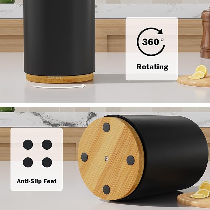 Black Utensil Holder Wood Kitchen Utensil Holder for Countertop, 360°Rotating Cooking Utensil Crock for Counter, 7.2" Large Utensil Organizer for Spatula Kitchen Decor - Image 6