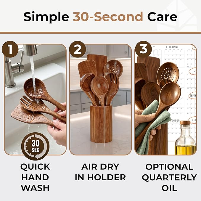 Wooden Utensil Set 8 Pcs – Sturdy & Easy to Clean, Natural Teak Wooden Spoons for Cooking – Non-Scratch Cooking Utensils with Spatula, Turner, Ladle, Spoons, Skimmer, Holder, Spoon Rest & 6 Hooks - Image 4