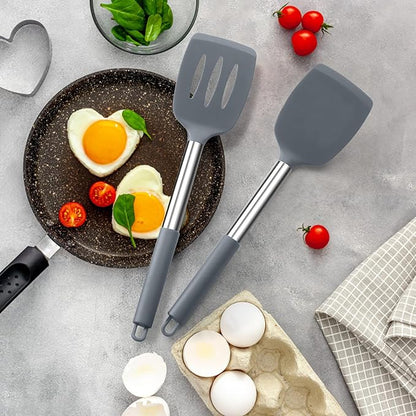 Silicone Spatula Set of 2, E-far Solid & Slotted Turner for Nonstick Cookware, Heat Resistant Rubber Kitchen Cooking Utensils for Flipping Fish Pancake Egg - Grey - Image 5