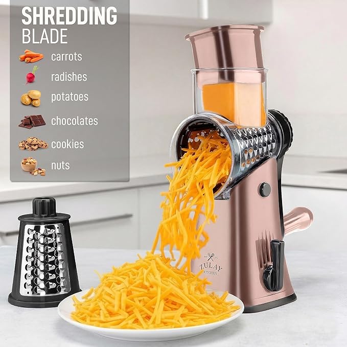 Zulay Kitchen Rotary Cheese Grater 5 Blade Cheese Shredder - Manual Hand Crank Cheese Grater With Reinforced Suction & 5 Interchangeable Drums - Easy to Use, Vegetable Chopper Round Mandoline Slicer - Image 3