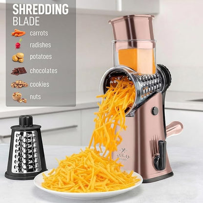 Zulay Kitchen Rotary Cheese Grater 5 Blade Cheese Shredder - Manual Hand Crank Cheese Grater With Reinforced Suction & 5 Interchangeable Drums - Easy to Use, Vegetable Chopper Round Mandoline Slicer - Image 3