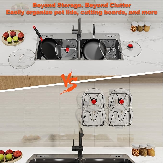 2 Pack Pot-Lid-Organizer, 4-Tier Pots and Pans Lid Organizer Under Cabinet, No Drilling, Rustproof, Lid-Organizers-Inside-Cabinet for Small-Space-Solution & Kitchen Cabinet Organization - Image 3