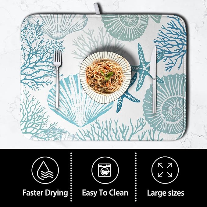 Summer Teal Dish Drying Mat for Kitchen Counter Nautical Coastal Blue Dishes Drainer Mats Turquoise Beach Coral Seashell Starfish Ocean Absorbent Microfiber Dish Draining Pad 18x24 Inch - Image 4