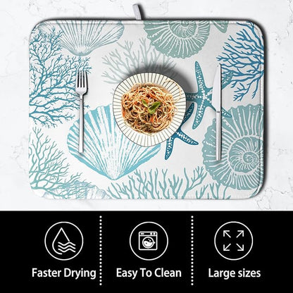 Summer Teal Dish Drying Mat for Kitchen Counter Nautical Coastal Blue Dishes Drainer Mats Turquoise Beach Coral Seashell Starfish Ocean Absorbent Microfiber Dish Draining Pad 18x24 Inch - Image 4