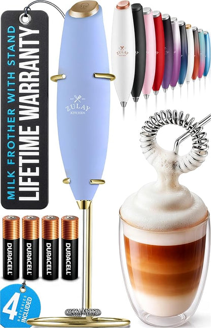 Zulay Kitchen Powerful Milk Frother Wand With 4 AA Duracell Batteries - Ultra Fast Handheld Drink Mixer - Electric Whisk Foam Maker for Coffee, Lattes, Cappuccino, Matcha & Creamer - Blue & Gold by ZulayKitchen