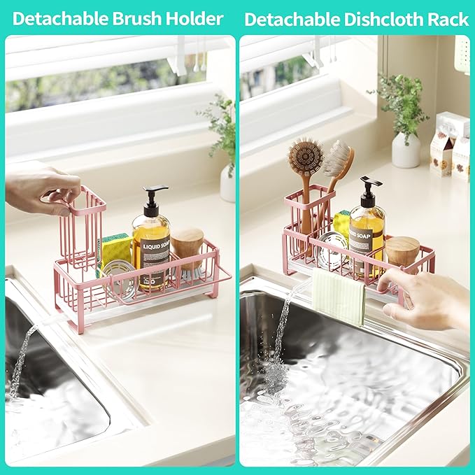 HapiRm Sponge Holder for Kitchen Sink - Self-draining Sink Caddy with Brush and Dishcloth Holders, Stainless Steel Kitchen Organizer for Countertop - Pink - Image 3