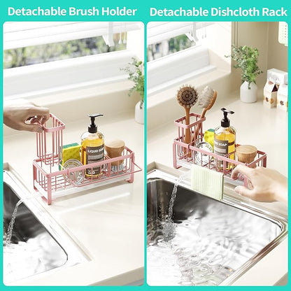 HapiRm Sponge Holder for Kitchen Sink - Self-draining Sink Caddy with Brush and Dishcloth Holders, Stainless Steel Kitchen Organizer for Countertop - Pink - Image 3