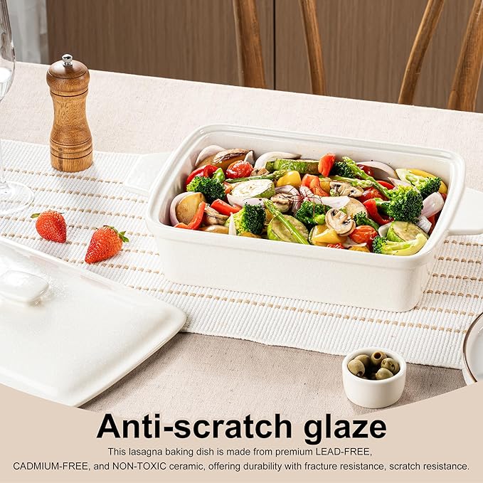 DAFUCERAMIC Casserole dish with Lid, 3.5 Quart Porcelain Baking Dish With Lid, Deep 13 x 9 Casserole Dishes for Oven with Lid, Rectangular Bakeware With Handle, Microwave, Oven Safe