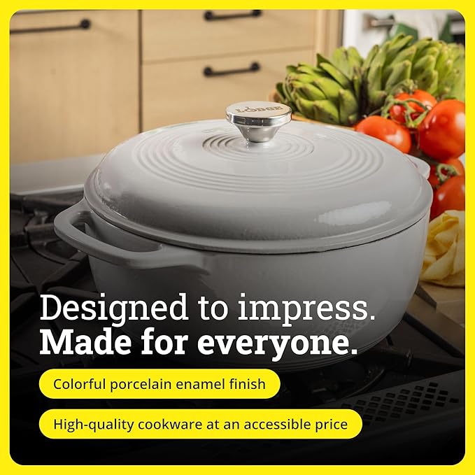 Lodge Essential Enamel Cast Iron Dutch Oven - Perfect for Bread Baking, Braising, Marinating & Slow Cooking - Features Moisture-Sealing Lid & Dual Handles - Kitchen Essentials - 6 Quarts - Oyster White - Image 6