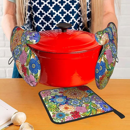 Boho Floral Oven Mitts and Pot Holders Sets of 3, Colorful Flowers Heat Resistant Kitchen Gloves Hot Pads, Chef Baking Gifts for Baker Women Mom Wife, Spring Easter Kitchen Gifts for Cooking Lover - Image 3