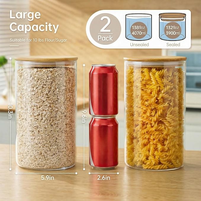 HomArtist Extra Large Glass Flour and Sugar Storage Containers with Airtight Lids,132 floz x2 [Set of 2] Big Glass Jars with Bamboo Lids, Air Tight Food Storage Jars for Cereal, Pasta, Rice, Coffee - Image 3