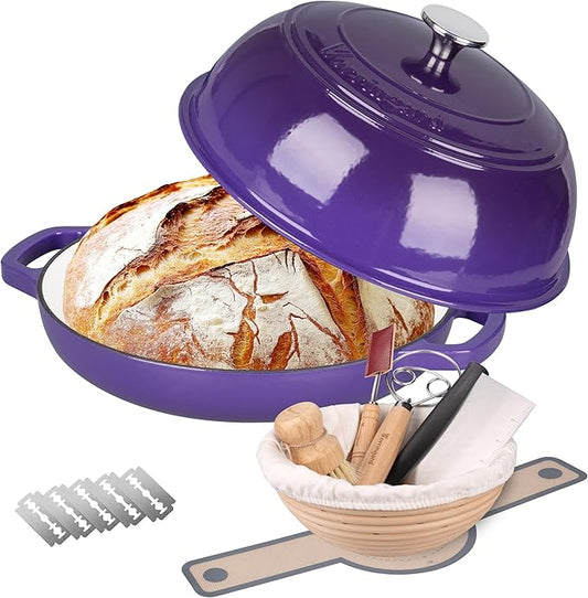 VORRINGARD Enameled Cast Iron Dutch Oven Pot with Lid, Bread Oven for Sourdough Bread Baking, Dutch Ovens with Bread Proofing Basket& Baking Supplies Set, 6 Quart, Purple