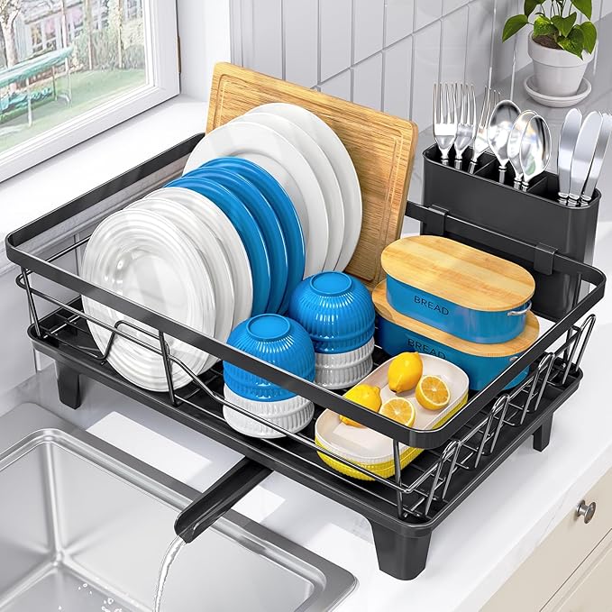 Urackify Dish Drying Rack for Kitchen Counter, Sink Dish Rack with Drainboard 12.2" W x 16.5" L, Large Dish Drainer with Cutlery Holder, Home Countertop Plate Dryer Storage Rack, Black by Urackify