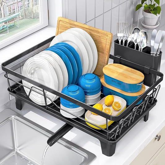 Urackify Dish Drying Rack for Kitchen Counter, Sink Dish Rack with Drainboard 12.2" W x 16.5" L, Large Dish Drainer with Cutlery Holder, Home Countertop Plate Dryer Storage Rack, Black by Urackify