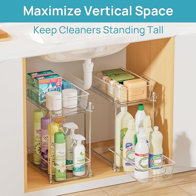 Vtopmart 2 Pack Higher Bathroom Organizer, 2 Tier White Under Sink Organizers Vanity Countertop Storage Container,Cabinet Drawers Bins, Pull-Out Organization with Track for Pantry, Kitchen - Image 5