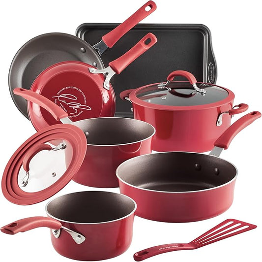 Rachael Ray Cook + Create Nonstick Cookware/Pots and Pan Set, 10 Piece, Red