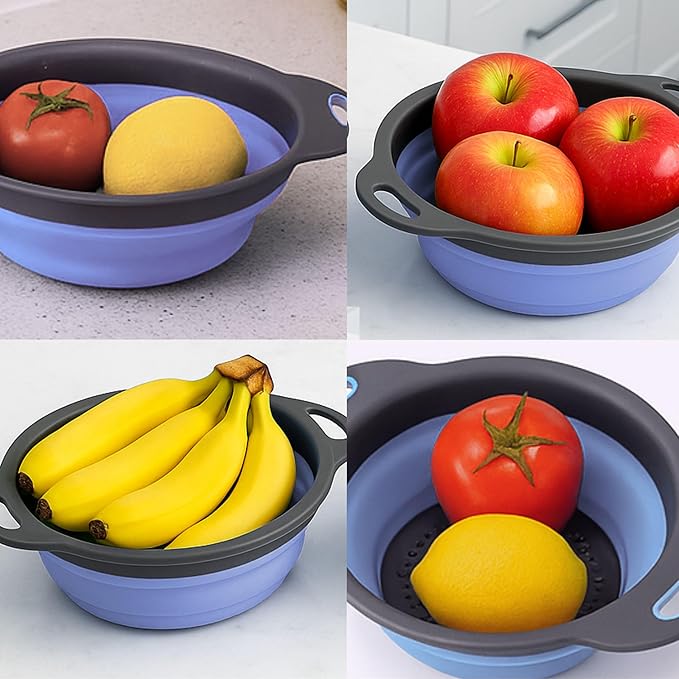 Blue Round Silicone Collapsible Colander – Silicone Round Kitchen Strainers with Plastic Handles Foldable Small Kitchen Strainer Perfect for Draining Pasta Vegetable and Fruit - Image 8