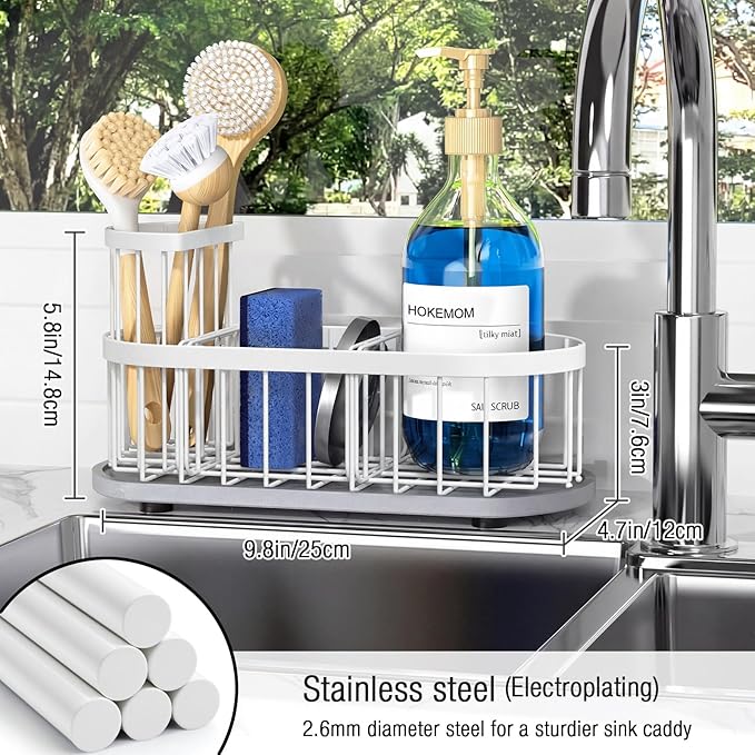 Sponge Holder for Kitchen Sink with High Brush Holder, [Stay-Dry Anywhere & No Drainage Needed] Rustproof Stainless Steel Kitchen Sink Caddy Organizer with Water Absorbing Stone Tray, White - Image 2