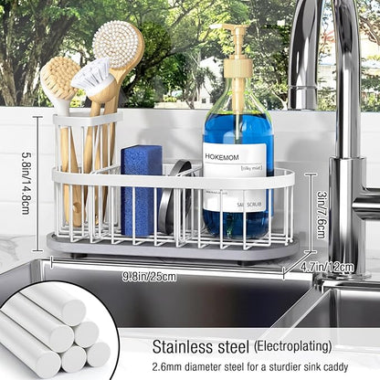 Sponge Holder for Kitchen Sink with High Brush Holder, [Stay-Dry Anywhere & No Drainage Needed] Rustproof Stainless Steel Kitchen Sink Caddy Organizer with Water Absorbing Stone Tray, White - Image 2