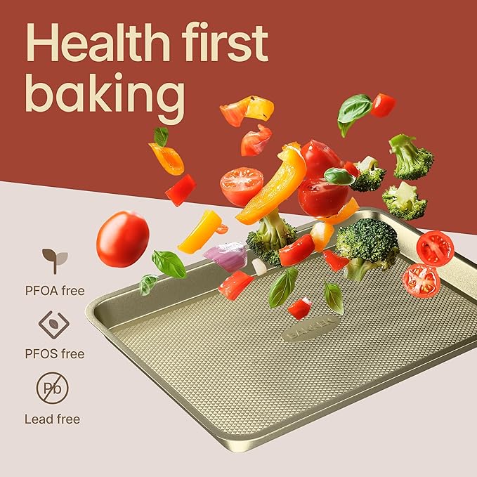Diamond Bottom Cookie Sheet Set of 2, Nonstick Gold Carbon Steel Baking Pans for Crisp Baking, Space-Saving Stackable Trays, PFOA, PFOS, PTFE Free, Oven Safe Up to 450°F, Small & Medium Pans - Image 7