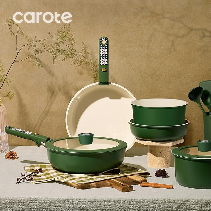 CAROTE 19Pcs Ceramic Cookware Set, Pots and Pans Set Non stick, Non Toxic Cookware Detachable Handle, Kitchen Cooking Set - Induction Cookware, Dishwasher/Oven Safe, PFAS Free, Green - Image 5