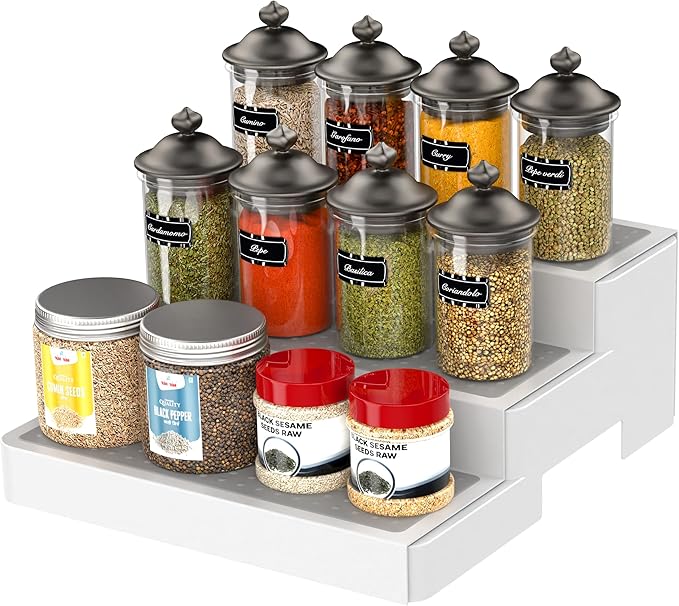 YAN & HIN Expandable Spice Rack Organizer for Cabinet (2 Pack), 3-Tier Tiered Spice Shelf Organizer with Non-Skid Surface, Spice Riser, Adjustable Pantry Organizer for Spices, Cans & Medicine Cabinet - Image 7