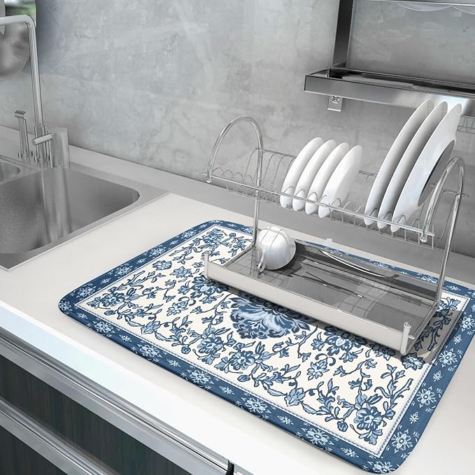 Boho Floral Blue Dish Drying Mat for Kitchen Counter 18x24 Vintage Chinoiserie Flower Print Absorbent Reversible Microfiber Drying Mats Kitchen Countertop Protector Dishes Drainer Rack Pad - Image 5