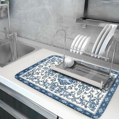 Boho Floral Blue Dish Drying Mat for Kitchen Counter 18x24 Vintage Chinoiserie Flower Print Absorbent Reversible Microfiber Drying Mats Kitchen Countertop Protector Dishes Drainer Rack Pad - Image 5