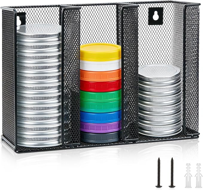 Wall Mounted Mason Jar Lid Organizer Metal Mason Jar Lid Holder 3-Compartment Mason Jar Lid Rack Vertical Mason Jars Lid Storage Wide Mouth Canning Lid Holder Stackable for Kitchen Countertop