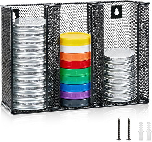 Wall Mounted Mason Jar Lid Organizer Metal Mason Jar Lid Holder 3-Compartment Mason Jar Lid Rack Vertical Mason Jars Lid Storage Wide Mouth Canning Lid Holder Stackable for Kitchen Countertop