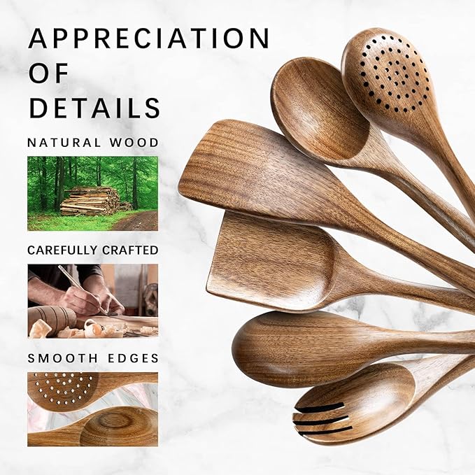 Wooden Spoons for Cooking, Nonstick Cooking Utensil Set with 6 Piece Acacia Wooden Spatulas and Spoons for Cooking, Terrific for Everyday Kitchen Tasks - Image 4