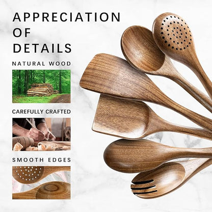 Wooden Spoons for Cooking, Nonstick Cooking Utensil Set with 6 Piece Acacia Wooden Spatulas and Spoons for Cooking, Terrific for Everyday Kitchen Tasks - Image 4