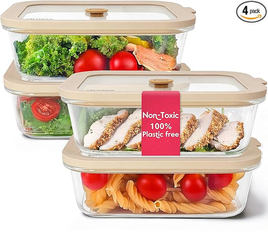 Non-Toxic 35 Oz (4.4 Cup) Glass Storage Containers with Lids – Plastic Free Meal Prep Containers for Lunch, Airtight Food Storage, Microwave and Freezer Safe, 4 Pack - Ziruma by Ziruma
