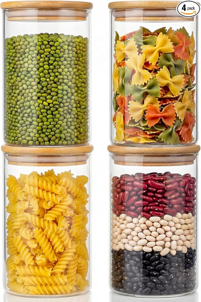 32oz - 4 Pack Glass Jars with Bamboo Lids, Glass Pantry Storage Containers with Airtight Lids, Round Air Tigh Food Storage Canisters for Cereal, Pasta, Flour, Sugar, Rice, Best for Kitchen Organizer by HomArtist