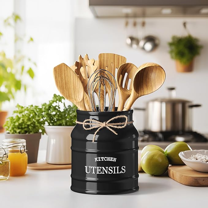 Barnyard Designs Ceramic Farmhouse Utensil Holder for Kitchen Counter, Large Rustic Utensil Crock, Countertop Cooking Tool Spatula Organizer, 6.75” (Black) - Image 2
