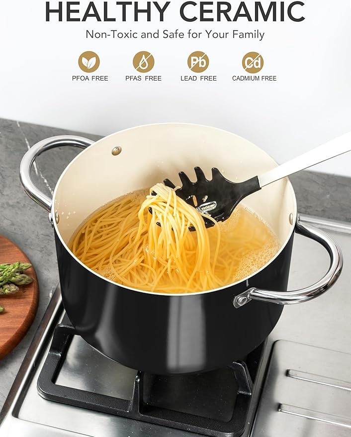 MICHELANGELO Ceramic Stock Pot with Lid, 6 Quart Pot with Nonstick Coating, Induction Cooking Pot for Induction and All Stovetops - 6QT, Black - Image 2
