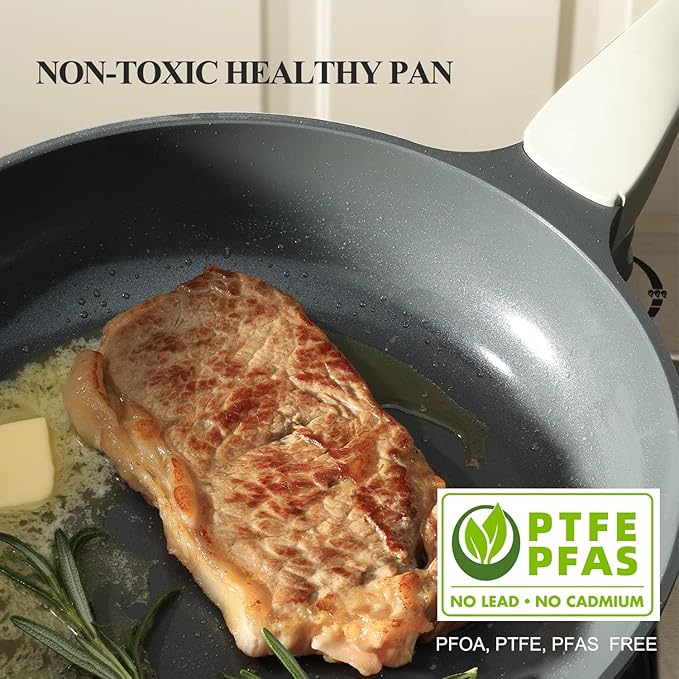 PRICUSIS Nonstick Ceramic Frying Pan with Lid, Non Toxic Skillet, Healthy Egg & Omelet & Chef's Skillet, PTFE PFOA & PFAS Free, Induction Compatible. (10Inch W/L) - Image 6
