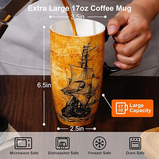 Topadorn Ceramic Travel Mug with Lid and Handle - 17 Oz Coffee Mug Ceramic Latte Teacup with Color Box, Splash Resistant Lid –Coffee Cup for Car Cup Holder, Sailboat