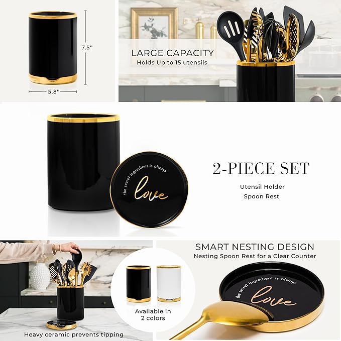 STYLED SETTINGS Black and Gold Utensil Holder with Built-in Spoon Rest - 2 PC Large Ceramic Utensil Holder Includes Black & Gold Spoon Rest - Luxury Kitchen Accessories - Utensils Not Included - Image 6