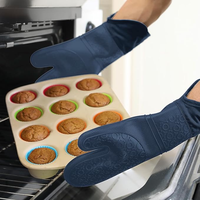 BPA-Free Soft Silicone Oven Mitts - Ultra Heat Resistant Oven Mitts with Thick Cotton Liner - Extra Long Slip Resistant Pot Holders, Flexible Oven Gloves - Navy 14.7" - Image 8