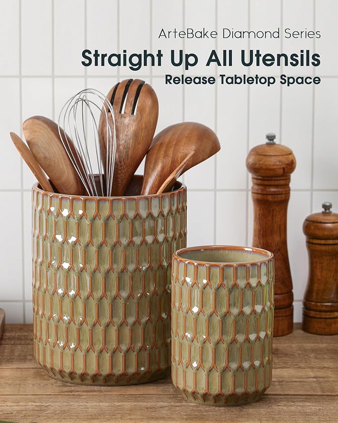 Utensil Holder, 7.5"+5.3" Ceramic Kitchen Utensil Holder for Countertop, Large Cooking Utensil Crock for Kitchen Counter, Set of 2, Green - Image 4